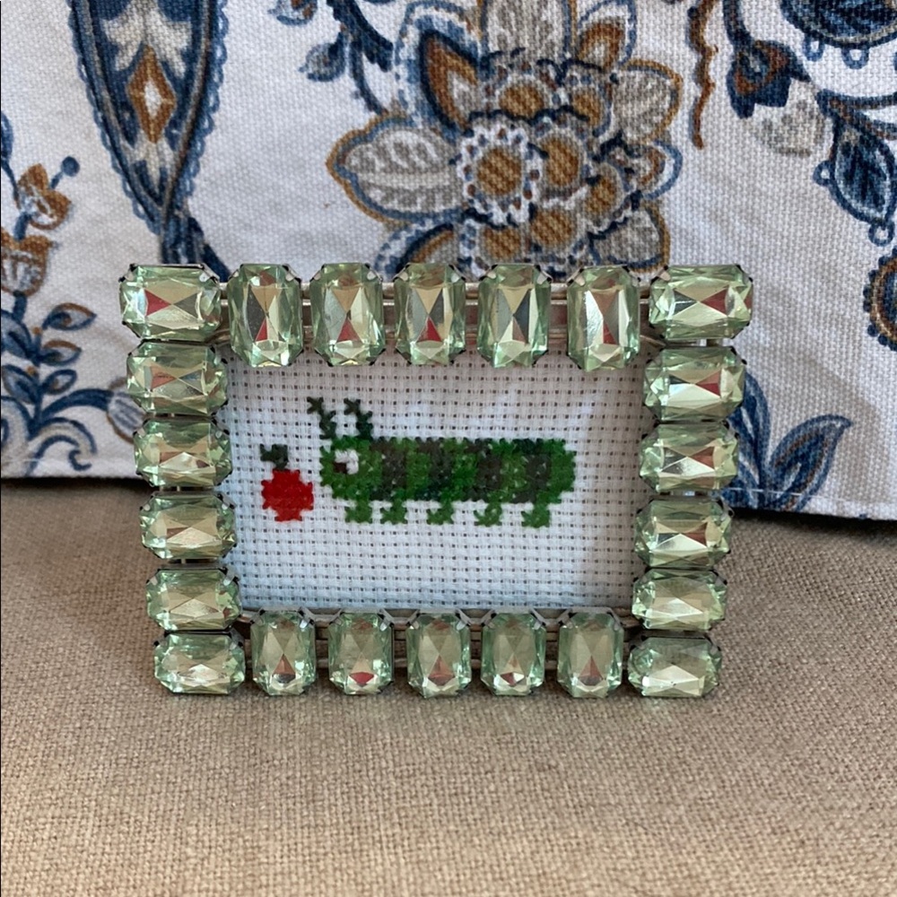 Green Gemstone Picture Frame with Caterpillar Cross Stitch